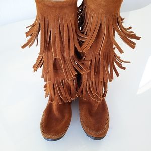 Minnetonka Brown 3-Layer Fringe Boot Moccasins 6